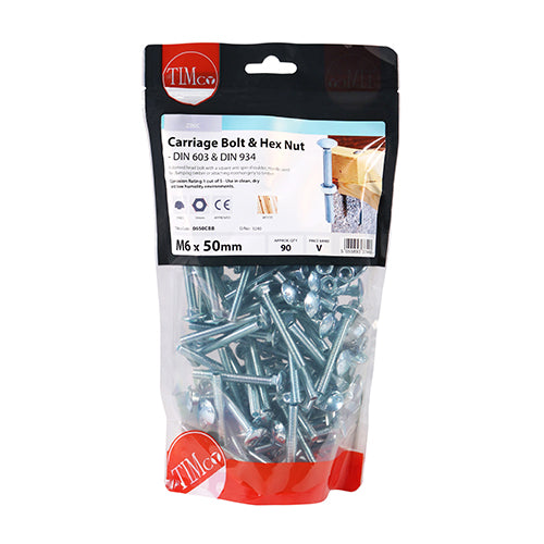 TIMCO Carriage Bolts DIN603 & Hex Full Nut DIN934 Silver - M6 x 50 - Image