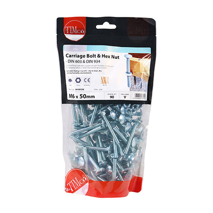 TIMCO Carriage Bolts DIN603 & Hex Full Nut DIN934 Silver - M6 x 50 - Image