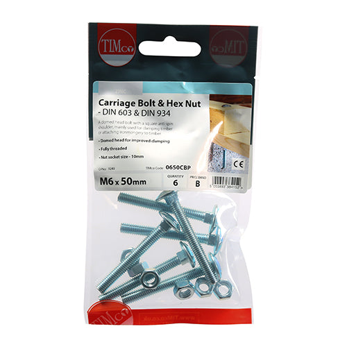 TIMCO Carriage Bolts DIN603 & Hex Full Nut DIN934 Silver - M6 x 50 - Image