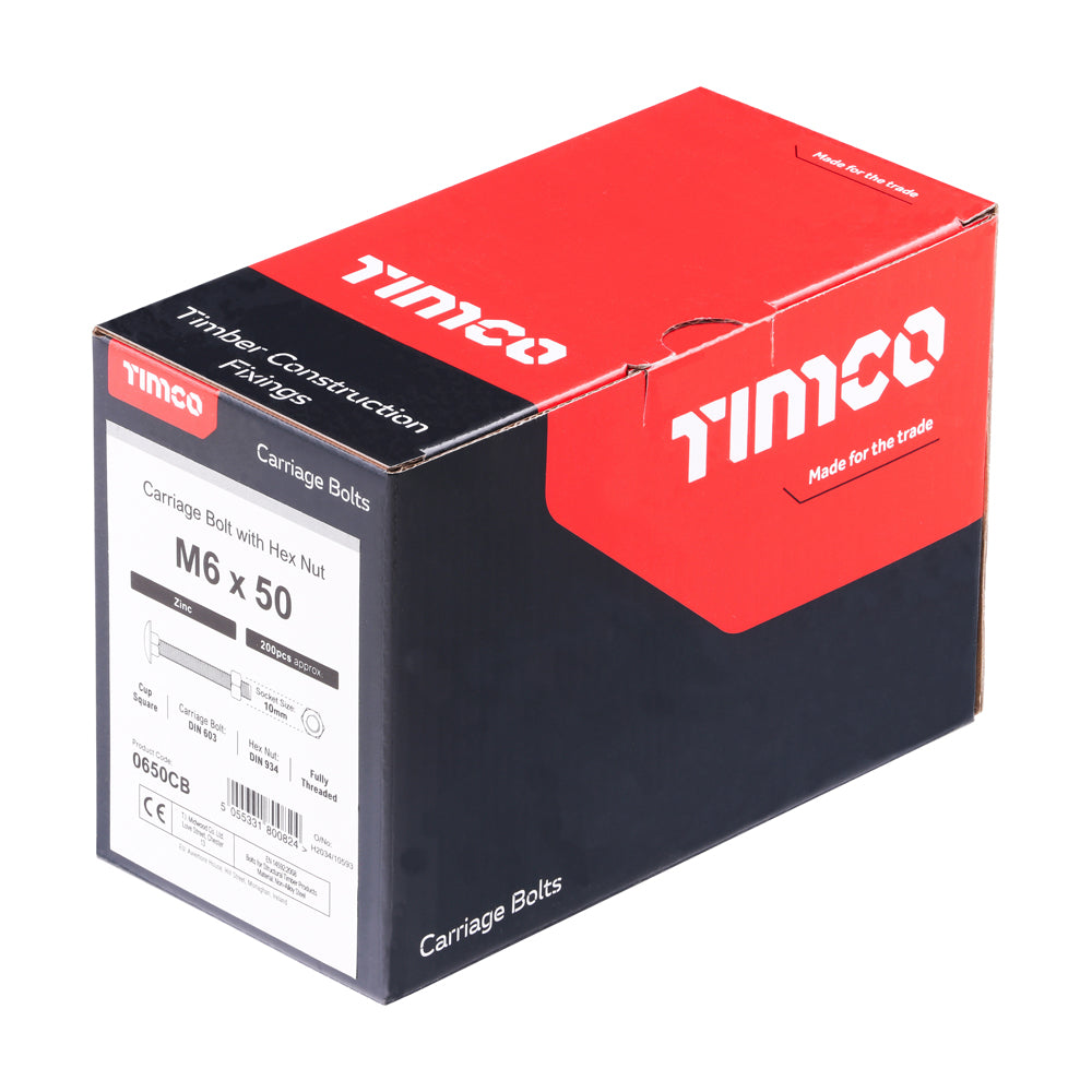 TIMCO Carriage Bolts DIN603 & Hex Full Nuts DIN934 Silver - M6 x 50 - Image
