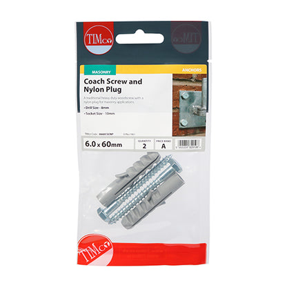 TIMCO Coach Screw & Nylon Plugs Zinc - 6.0 x 60 - Image