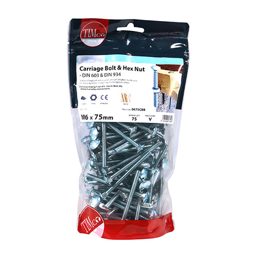 TIMCO Carriage Bolts DIN603 & Hex Full Nut DIN934 Silver - M6 x 75 - Image