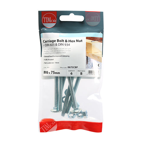 TIMCO Carriage Bolts DIN603 & Hex Full Nut DIN934 Silver - M6 x 75 - Image