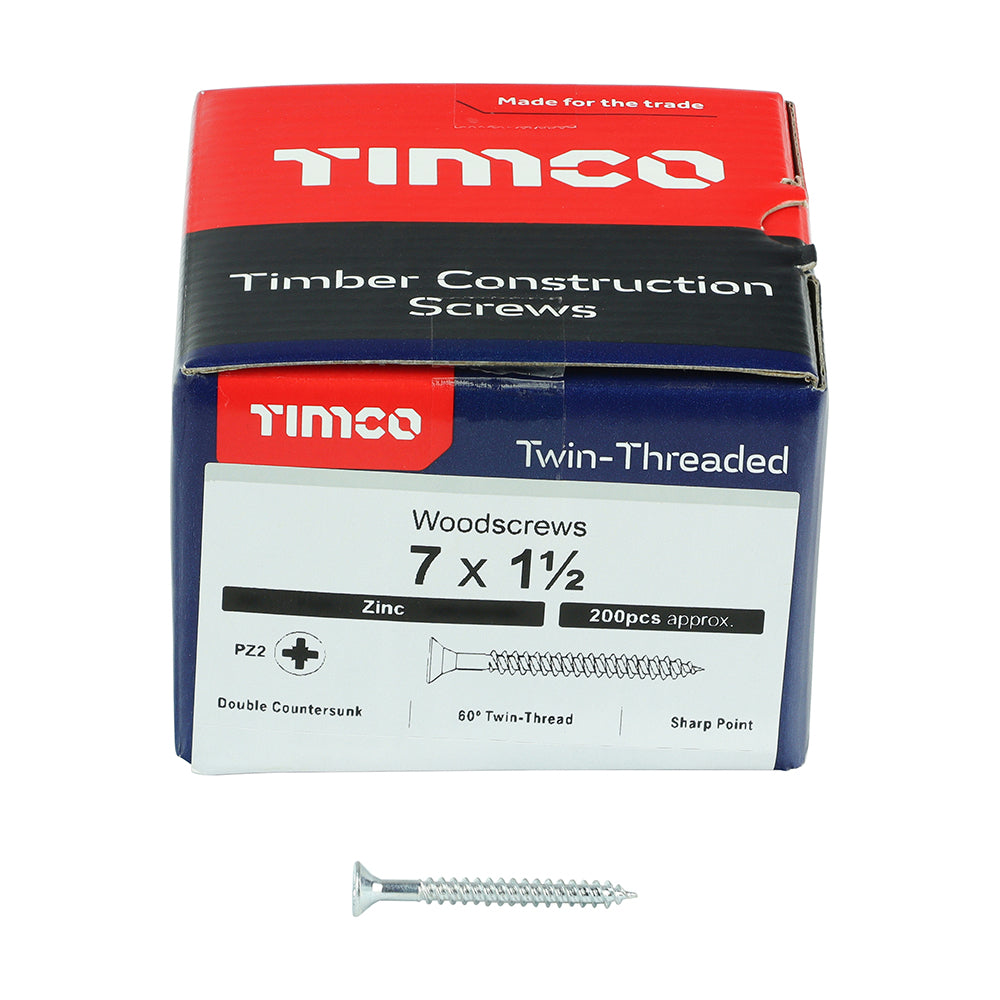 TIMCO Twin-Threaded Countersunk Silver Woodscrews - 7 x 1 1/2 - Image