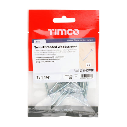 TIMCO Twin-Threaded Woodscrews - PZ - Double Countersunk - Zinc - 7 x 1 1/4 - Image