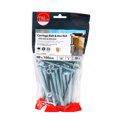TIMCO Carriage Bolts DIN603 & Hex Full Nut DIN934 Silver - M8 x 100 - Image
