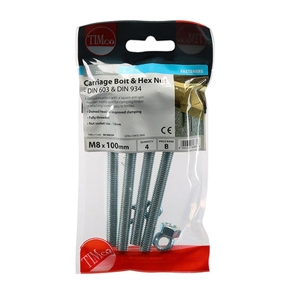 TIMCO Carriage Bolts DIN603 & Hex Full Nut DIN934 Silver - M8 x 100 - Image