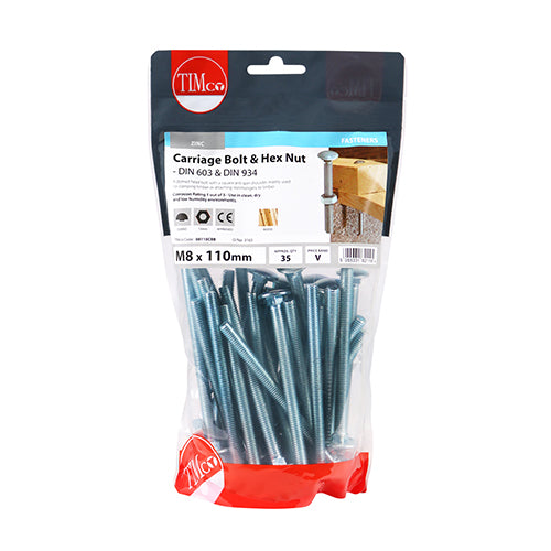 TIMCO Carriage Bolts DIN603 & Hex Full Nut DIN934 Silver - M8 x 110 - Image