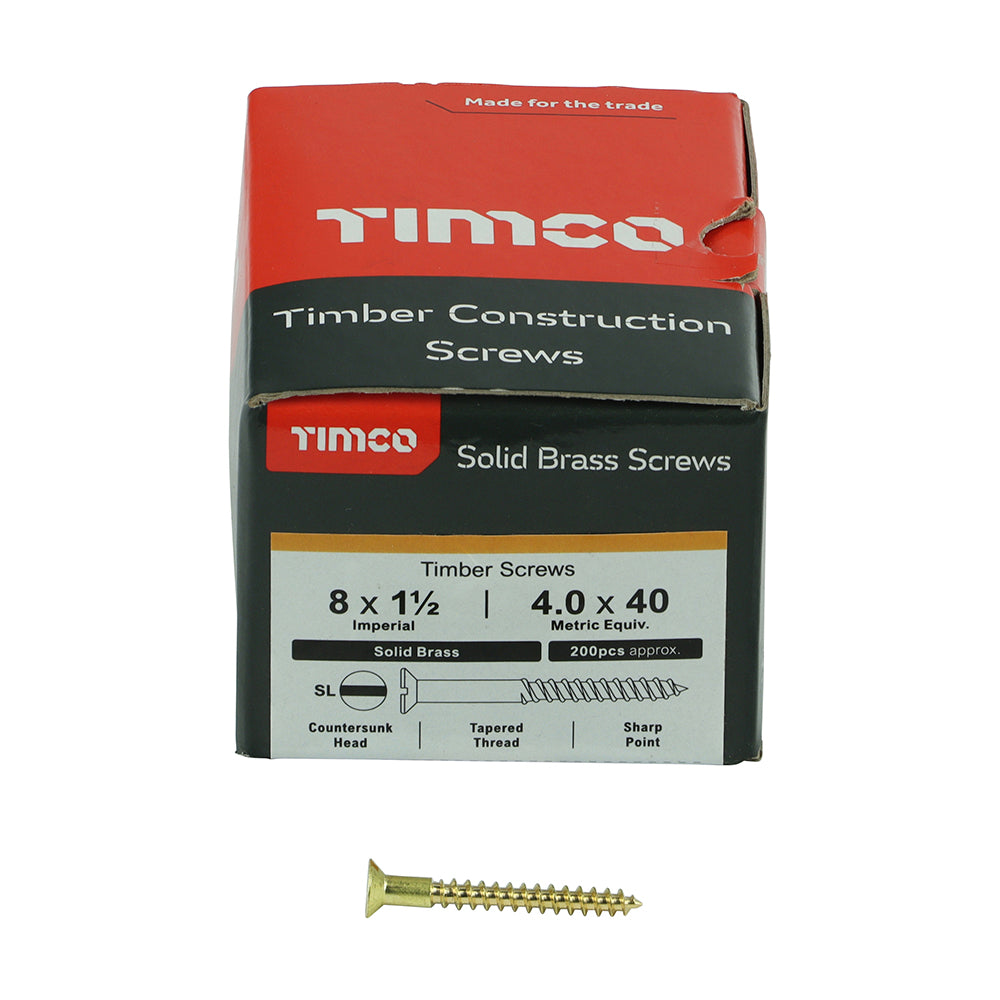 TIMCO Solid Brass Countersunk Woodscrews - 8 x 1 1/2 - Image