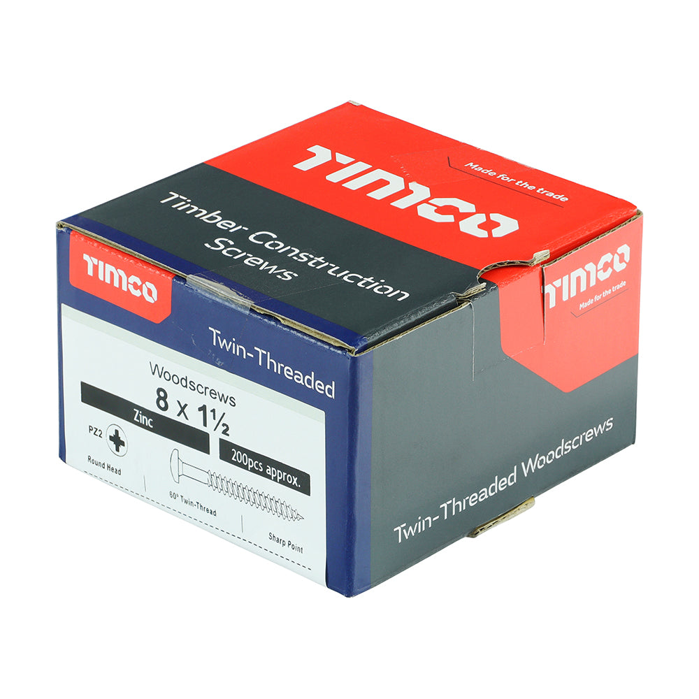 TIMCO Twin-Threaded Round Head Silver Woodscrews - 8 x 11/2 - Image