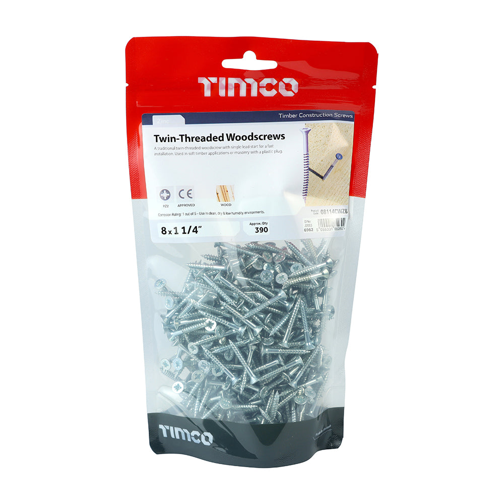 TIMCO Twin-Threaded Countersunk Silver Woodscrews - 8 x 11/4 - Image