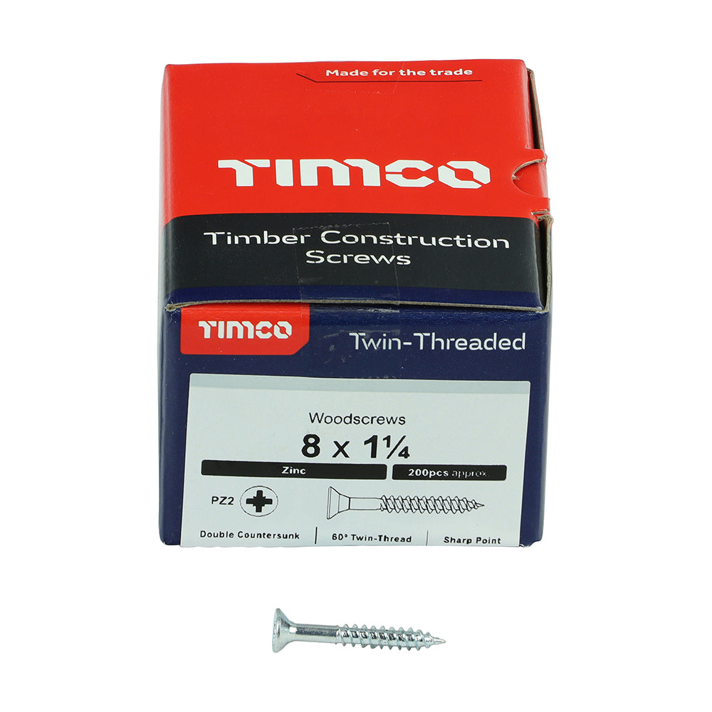 TIMCO Twin-Threaded Countersunk Silver Woodscrews - 8 x 1 1/4 - Image