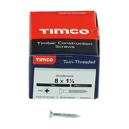 TIMCO Twin-Threaded Countersunk Silver Woodscrews - 8 x 1 1/4 - Image