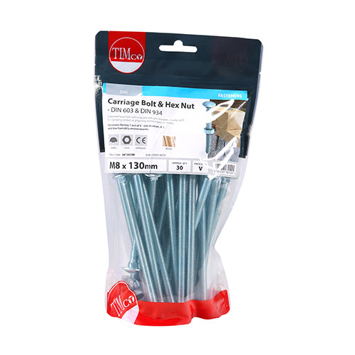 TIMCO Carriage Bolts DIN603 & Hex Full Nut DIN934 Silver - M8 x 130 - Image