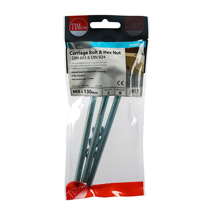 TIMCO Carriage Bolts DIN603 & Hex Full Nut DIN934 Silver - M8 x 130 - Image