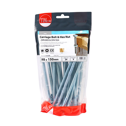 TIMCO Carriage Bolts DIN603 & Hex Full Nut DIN934 Silver - M8 x 150 - Image