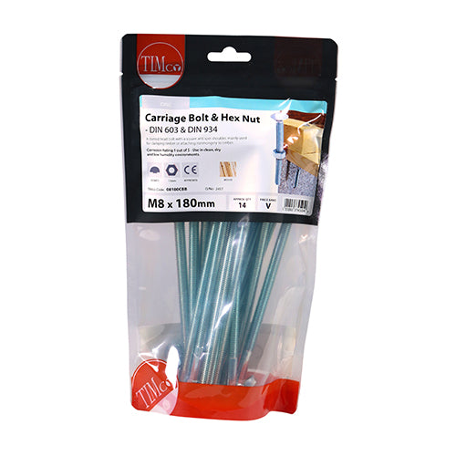 TIMCO Carriage Bolts DIN603 & Hex Full Nut DIN934 Silver - M8 x 180 - Image