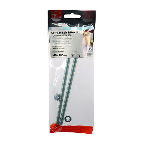 TIMCO Carriage Bolts DIN603 & Hex Full Nut DIN934 Silver - M8 x 180 - Image