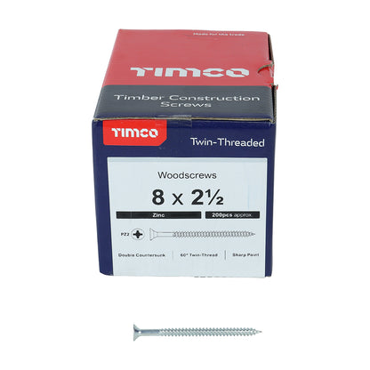 TIMCO Twin-Threaded Countersunk Silver Woodscrews - 8 x 2 1/2 - Image