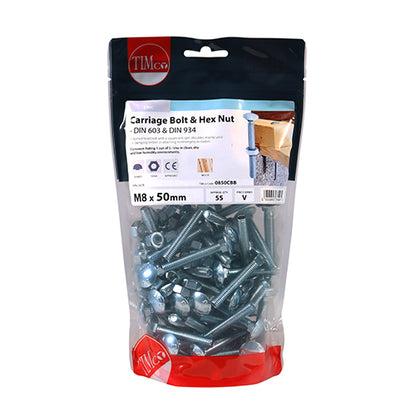 TIMCO Carriage Bolts DIN603 & Hex Full Nut DIN934 Silver - M8 x 50 - Image
