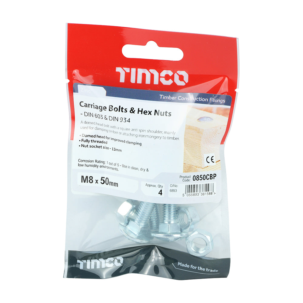 TIMCO Carriage Bolts DIN603 & Hex Full Nut DIN934 Silver - M8 x 50 - Image