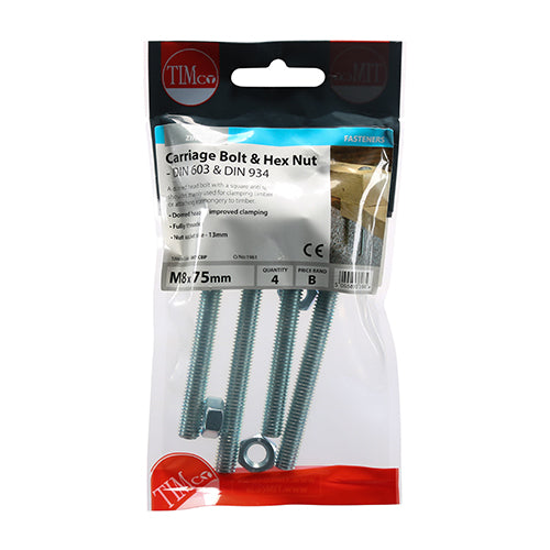TIMCO Carriage Bolts DIN603 & Hex Full Nut DIN934 Silver - M8 x 75 - Image