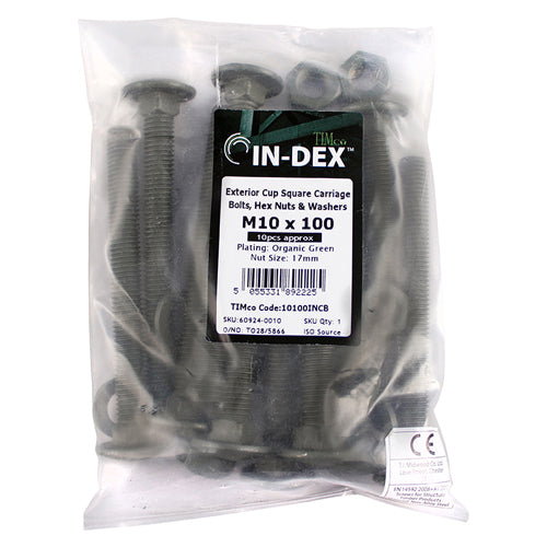 TIMCO Carriage Bolts DIN603 Hex Nuts & Form A Washers Green Exterior - M10 x 100 - Image