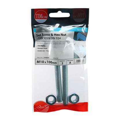 TIMCO Set Screws DIN933 Grade 8.8 & Hex Nut DIN934 Silver - M10 x 100 - Image