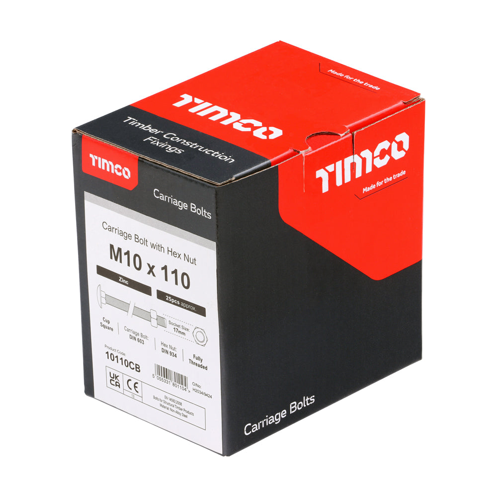 TIMCO Carriage Bolts DIN603 & Hex Full Nuts DIN934 Silver - M10 x 110 - Image