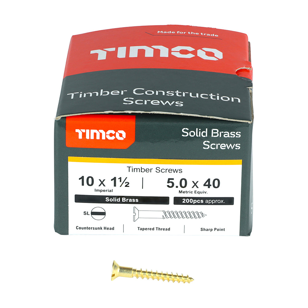 TIMCO Solid Brass Countersunk Woodscrews - 10 x 1 1/2 - Image