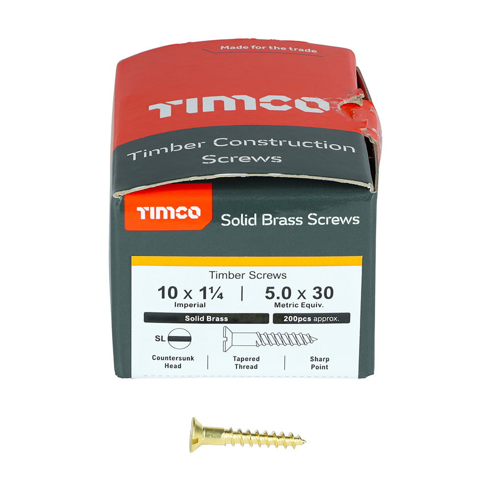 TIMCO Solid Brass Countersunk Woodscrews - 10 x 1 1/4 - Image
