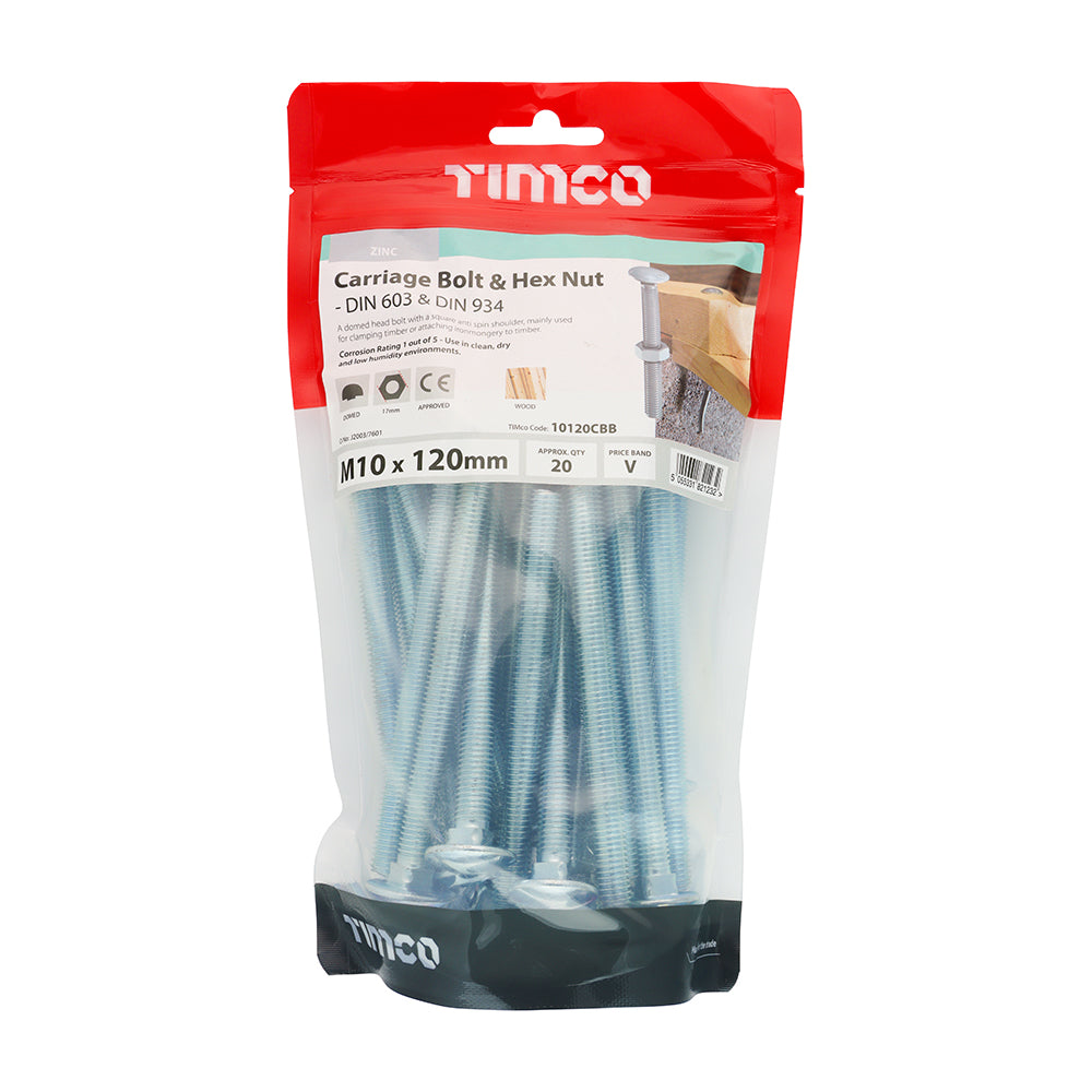 TIMCO Carriage Bolts DIN603 & Hex Full Nut DIN934 Silver - M10 x 120 - Image