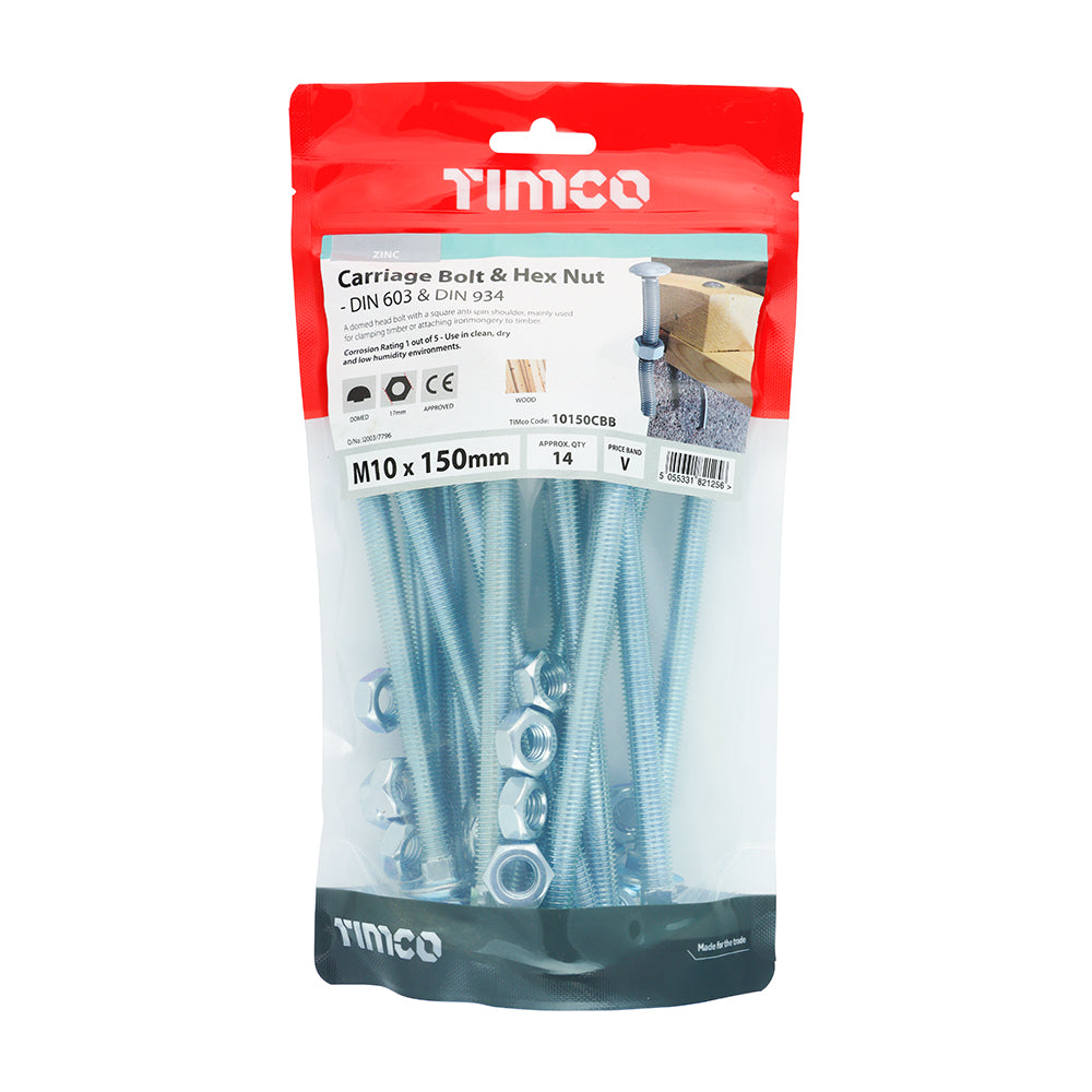 TIMCO Carriage Bolts DIN603 & Hex Full Nut DIN934 Silver - M10 x 150 - Image
