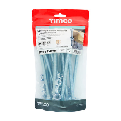 TIMCO Carriage Bolts DIN603 & Hex Full Nut DIN934 Silver - M10 x 150 - Image