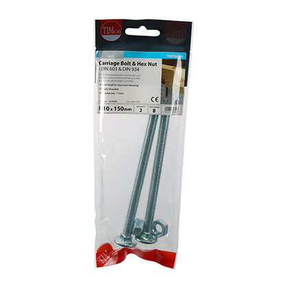 TIMCO Carriage Bolts DIN603 & Hex Full Nut DIN934 Silver - M10 x 150 - Image