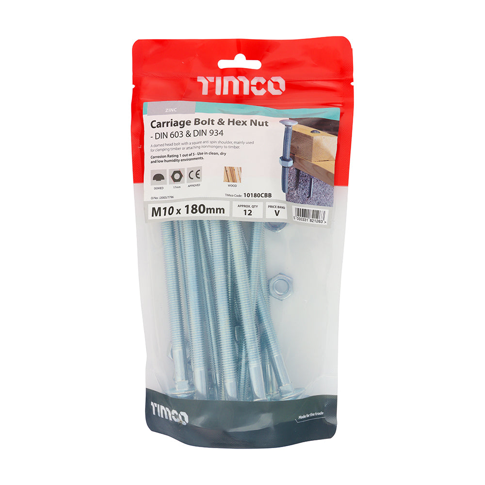 TIMCO Carriage Bolts DIN603 & Hex Full Nut DIN934 Silver - M10 x 180 - Image