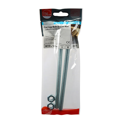 TIMCO Carriage Bolts DIN603 & Hex Full Nut DIN934 Silver - M10 x 180 - Image