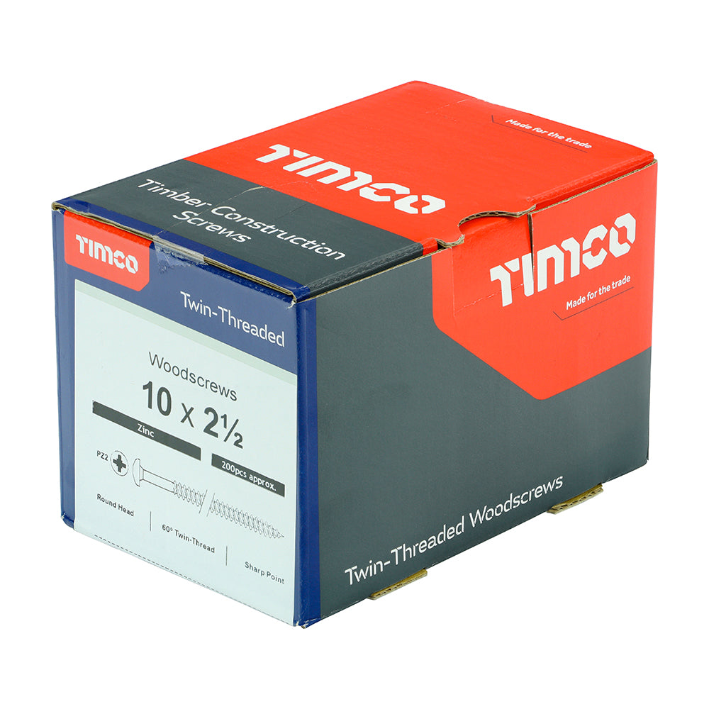 TIMCO Twin-Threaded Round Head Silver Woodscrews - 10 x 21/2 - Image