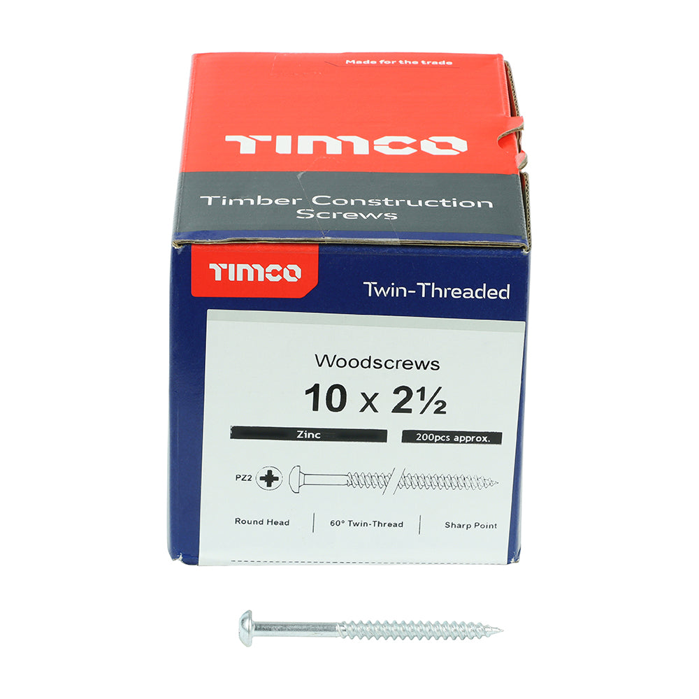 TIMCO Twin-Threaded Round Head Silver Woodscrews - 10 x 21/2 - Image