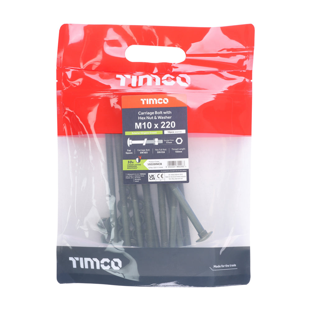 TIMCO Carriage Bolts DIN603 Hex Nuts & Form A Washers Green Exterior - M10 x 220 - Image