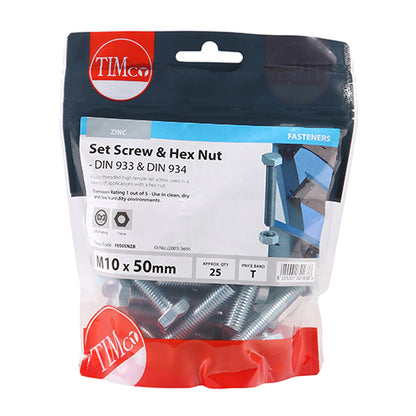 TIMCO Set Screws DIN933 Grade 8.8 & Hex Nut DIN934 Silver - M10 x 50 - Image