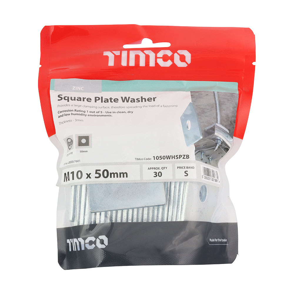 TIMCO Square Plate Washers Silver - M10 x 50 x 50 x 3 - Image