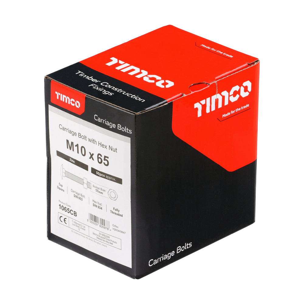 TIMCO Carriage Bolts DIN603 & Hex Full Nuts DIN934 Silver - M10 x 65 - Image