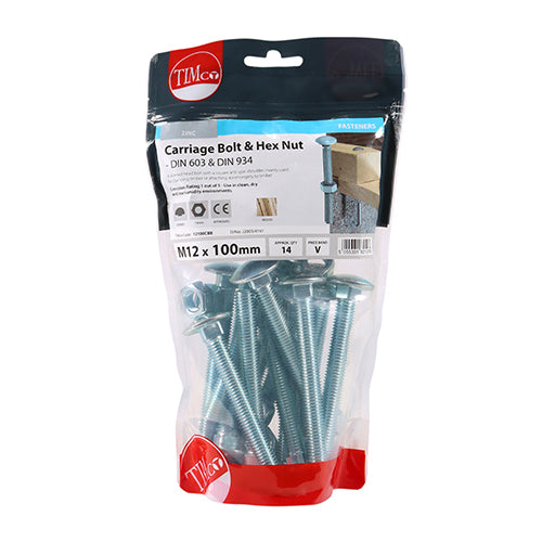 TIMCO Carriage Bolts DIN603 & Hex Full Nut DIN934 Silver - M12 x 100 - Image