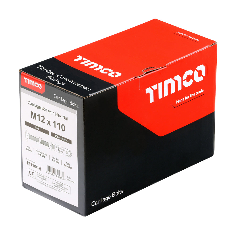 TIMCO Carriage Bolts DIN603 & Hex Full Nuts DIN934 Silver - M12 x 110 - Image