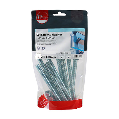 TIMCO Set Screws DIN933 Grade 8.8 & Hex Nut DIN934 Silver - M12 x 120 - Image