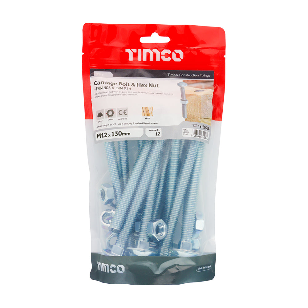 TIMCO Carriage Bolts DIN603 & Hex Full Nut DIN934 Silver - M12 x 130 - Image