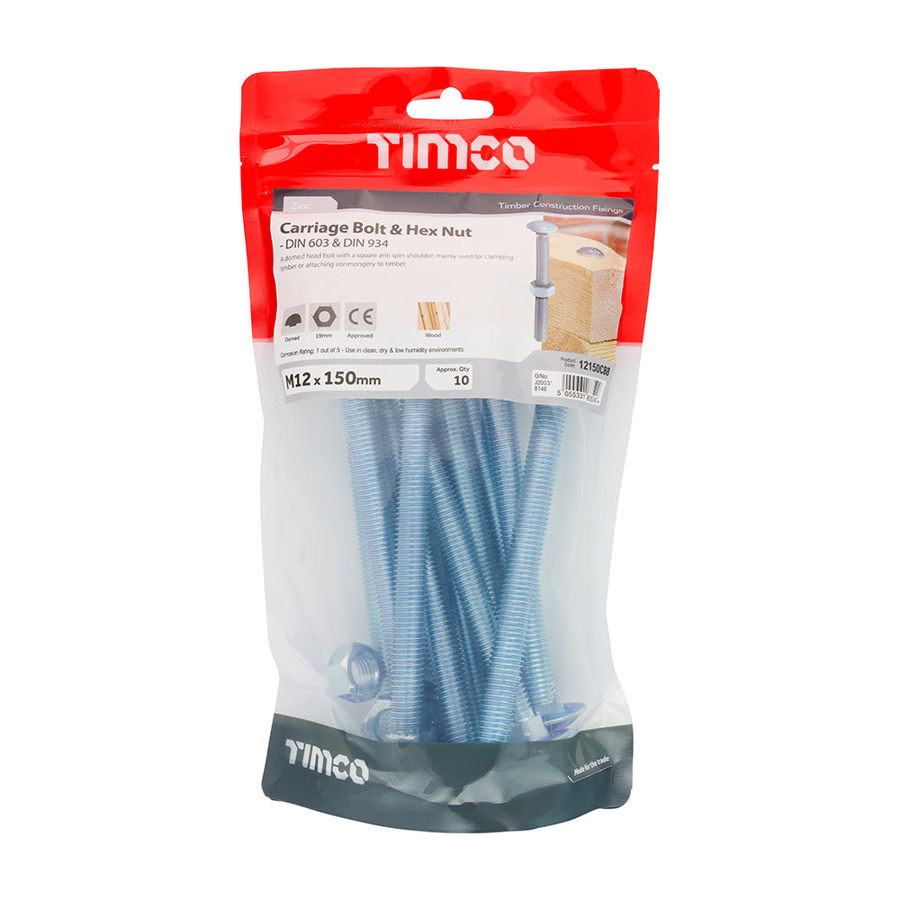 TIMCO Carriage Bolts DIN603 & Hex Full Nut DIN934 Silver - M12 x 150 - Image