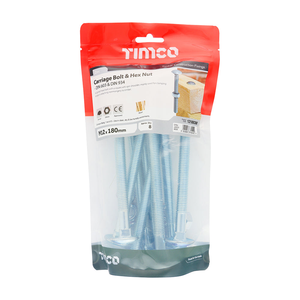 TIMCO Carriage Bolts DIN603 & Hex Full Nut DIN934 Silver - M12 x 180 - Image