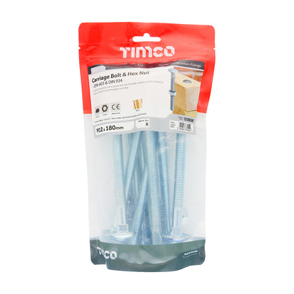 TIMCO Carriage Bolts DIN603 & Hex Full Nut DIN934 Silver - M12 x 180 - Image